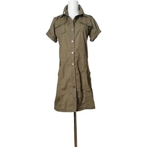 🦎 M，Olive Green Short Sleeve Shirt Dress